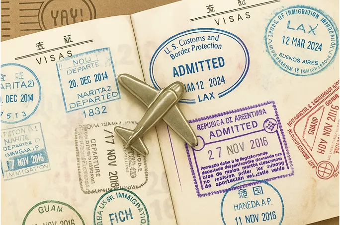 米国ビザのスタンプと渡航のイメージ